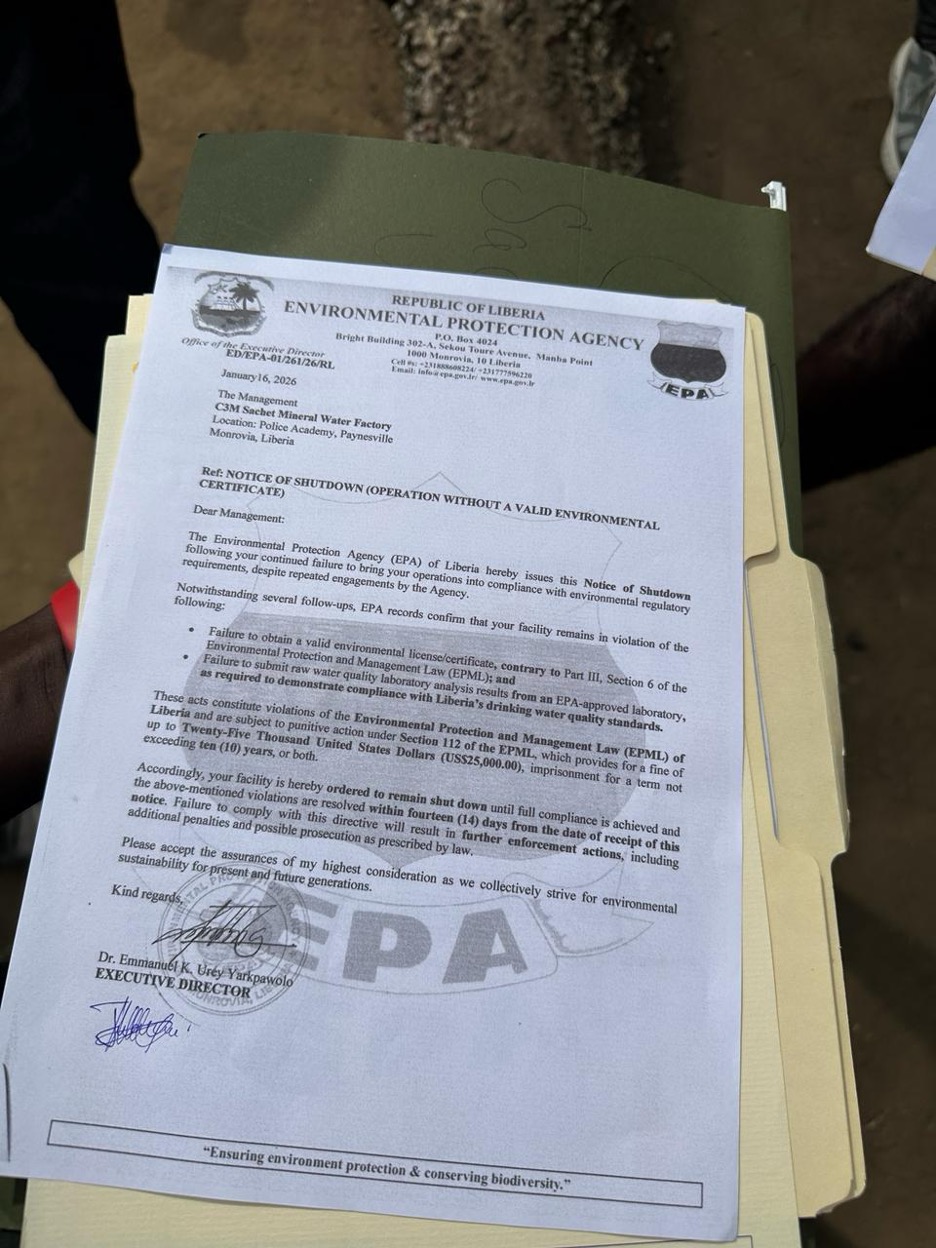 Copy of the EPA shutdown order issued to the water company.