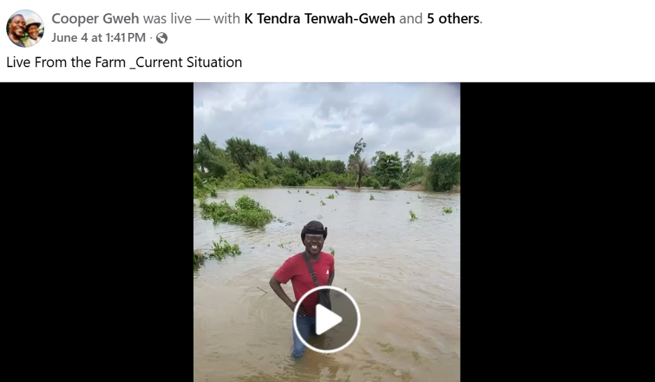 A screenshot from a Facebook Live video shows farmer Cooper Gweh speaking during a Facebook Live broadcast from his flooded farm